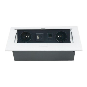 Lutande uttagsskena 2x 230V + USB-A 3,1A + USB-C 15,5W + RJ45 230V