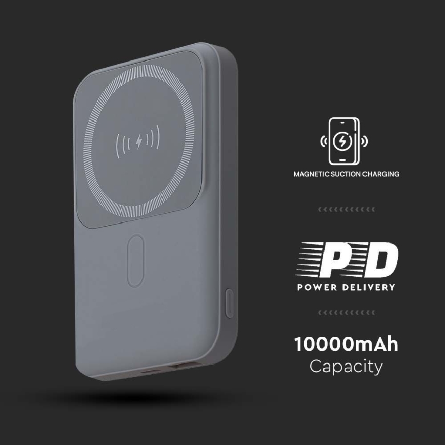 Magnetisk strömbank med trådlös laddning Power Delivery 10 000mAh/20W/3,7V grå