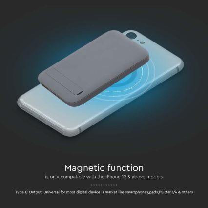 Magnetisk strömbank med trådlös laddning Power Delivery 10 000mAh/20W/3,7V grå