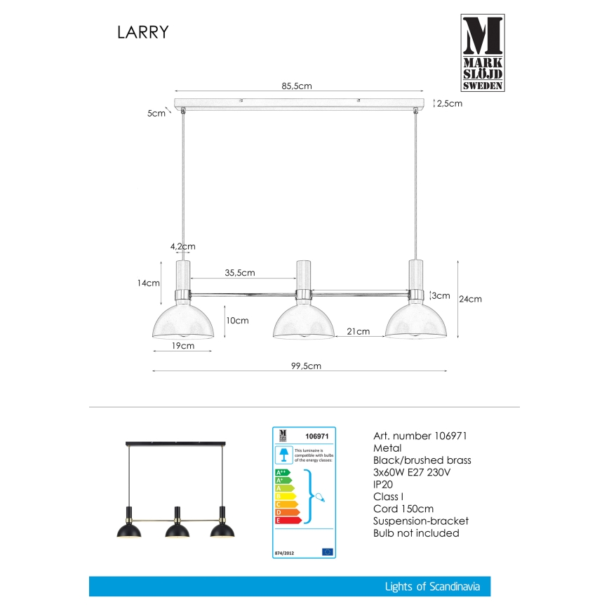 Markslöjd 106971 - Ljuskrona med snöre LARRY 3xE27/60W/230V svart/guld