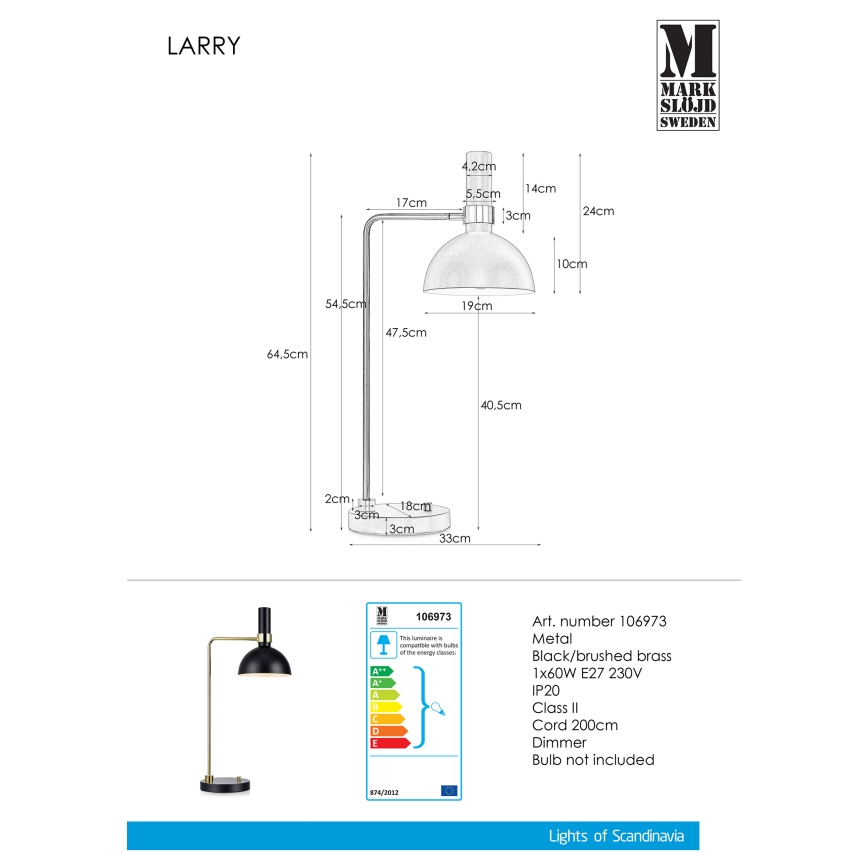 Markslöjd 106973 - Dimbar Bordslampa LARRY 1xE27/60W/230V svart/guld