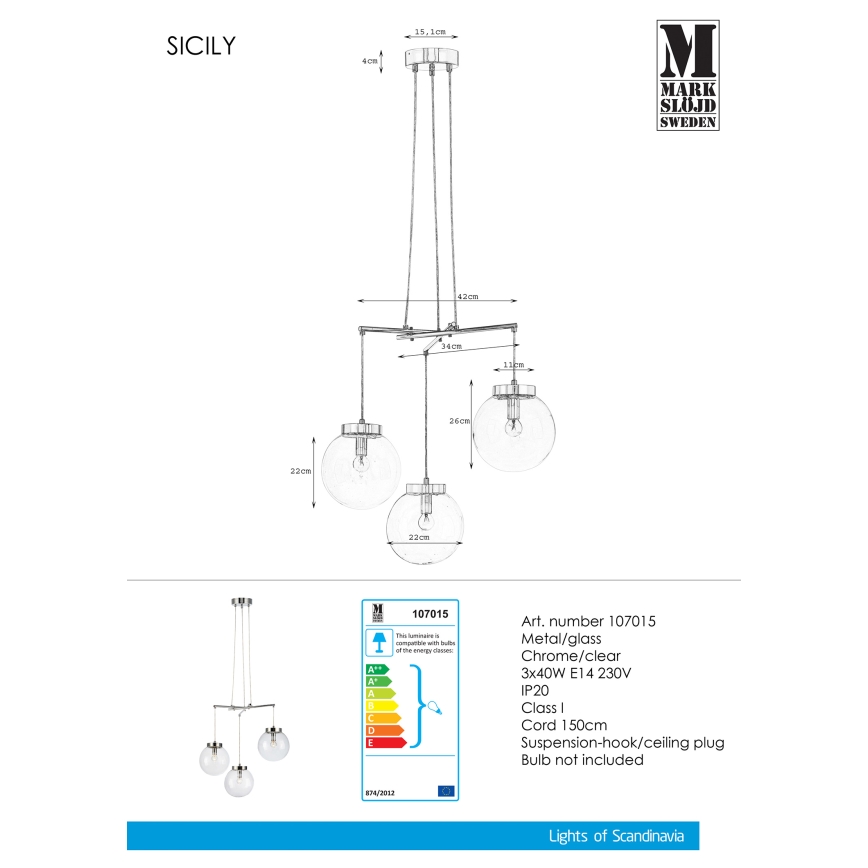 Markslöjd 107015 - Ljuskrona med snöre SICILY 3xE14/40W/230V