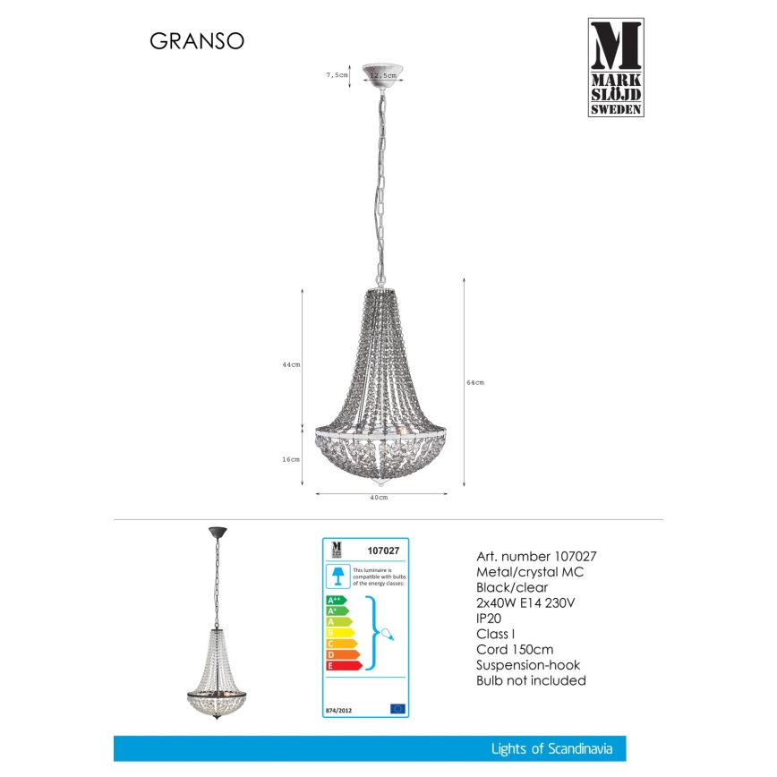 Markslöjd 107027 - Kristallkrona med kedja GRÄNSÖ 2xE14/40W/230V