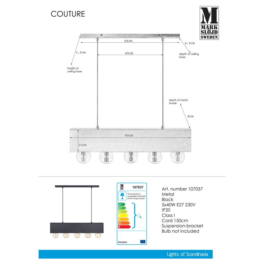 Markslöjd 107037 - Ljuskrona med snöre COUTURE 5xE27/40W/230V svart