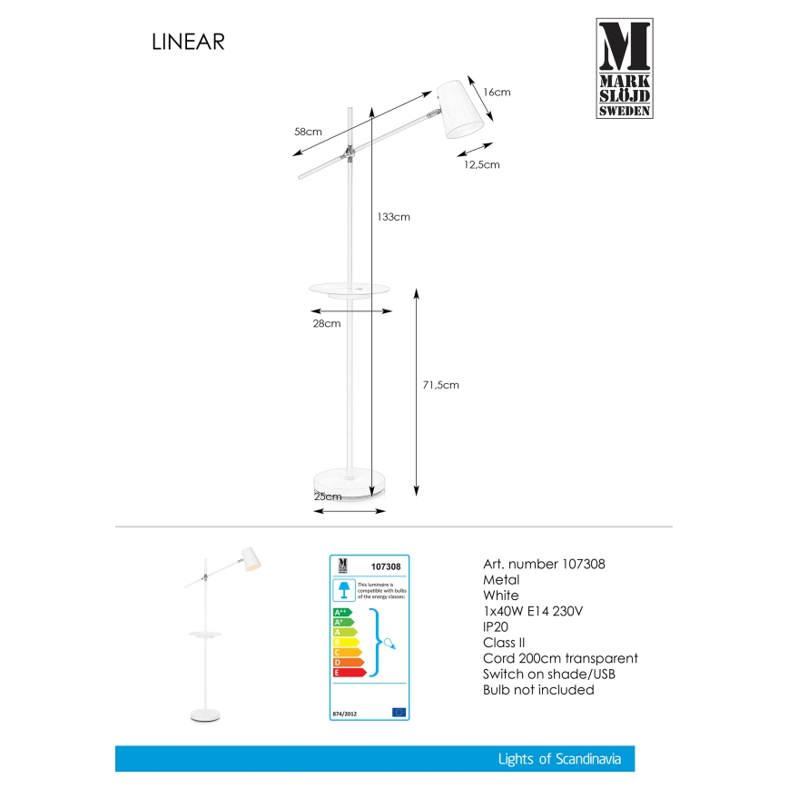 Markslöjd 107308 - Golvlampa med USB LINEAR 1xE14/40W/230V