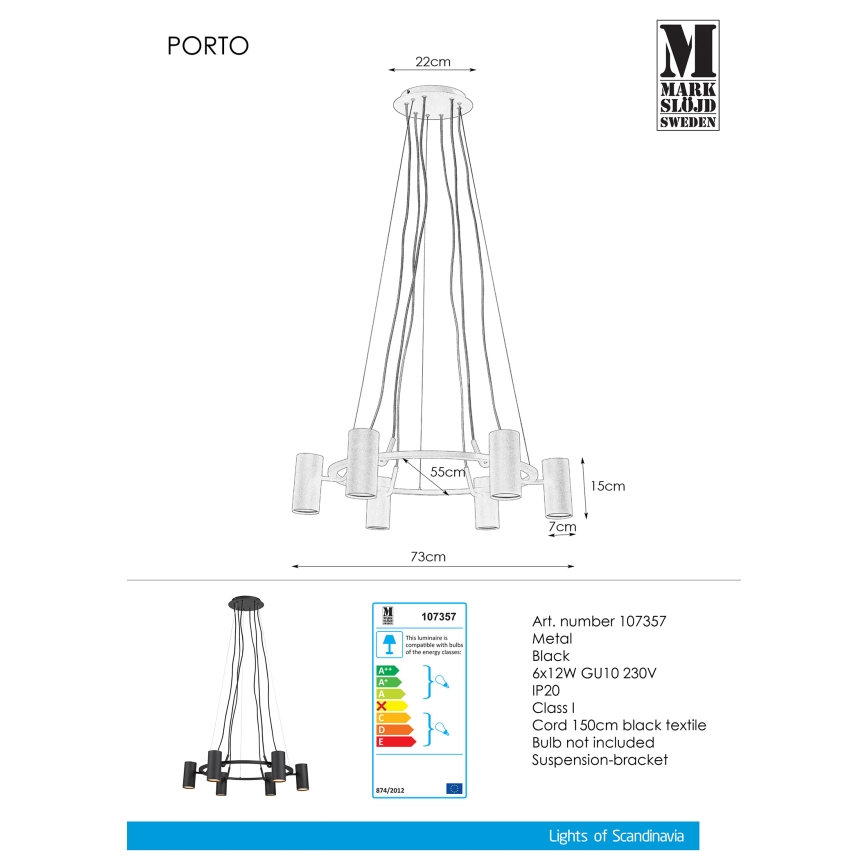 Markslöjd 107357 - Ljuskrona med snöre PORTO 6xGU10/12W/230V