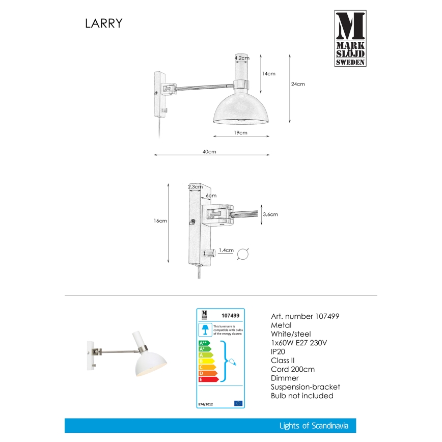 Markslöjd 107499 - Dimbar Väggbelysning LARRY 1xE27/60W/230V