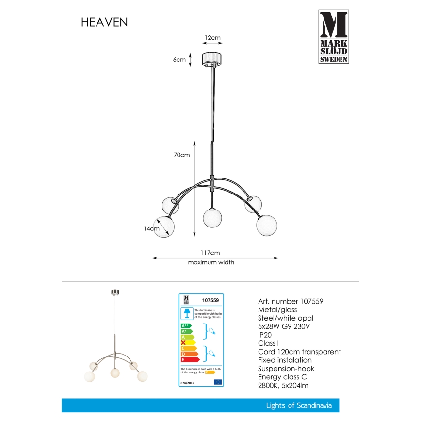 Markslöjd 107559 - Ljuskrona med snöre HEAVEN 5xG9/28W/230V