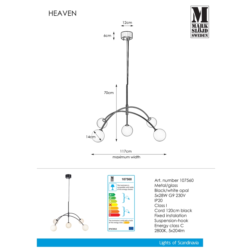 Markslöjd 107560 - Ljuskrona med snöre HEAVEN 5xG9/28W/230V