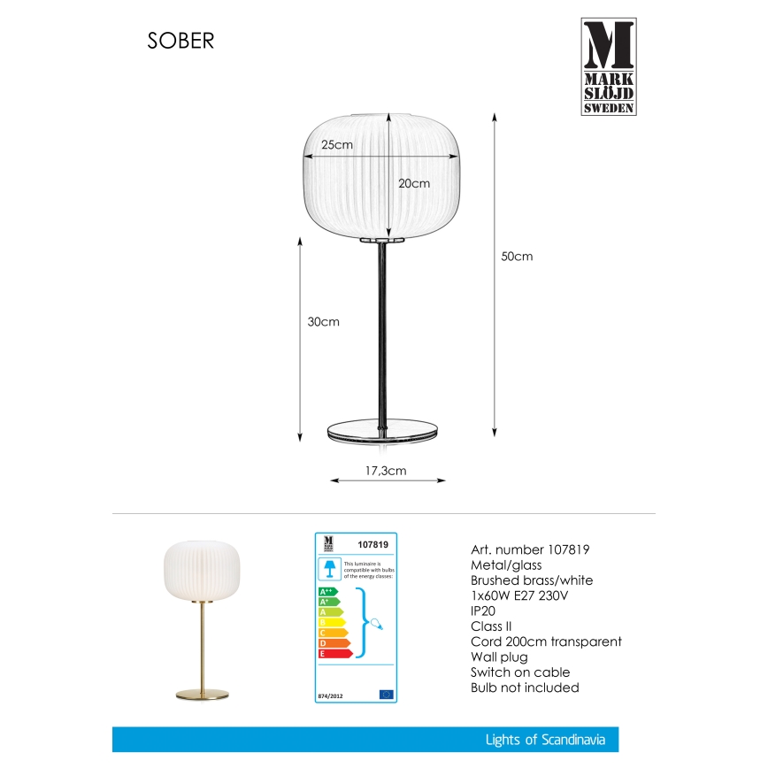 Markslöjd 107819 - Bordslampa SOBER 1xE27/60W/230V vit/mässing