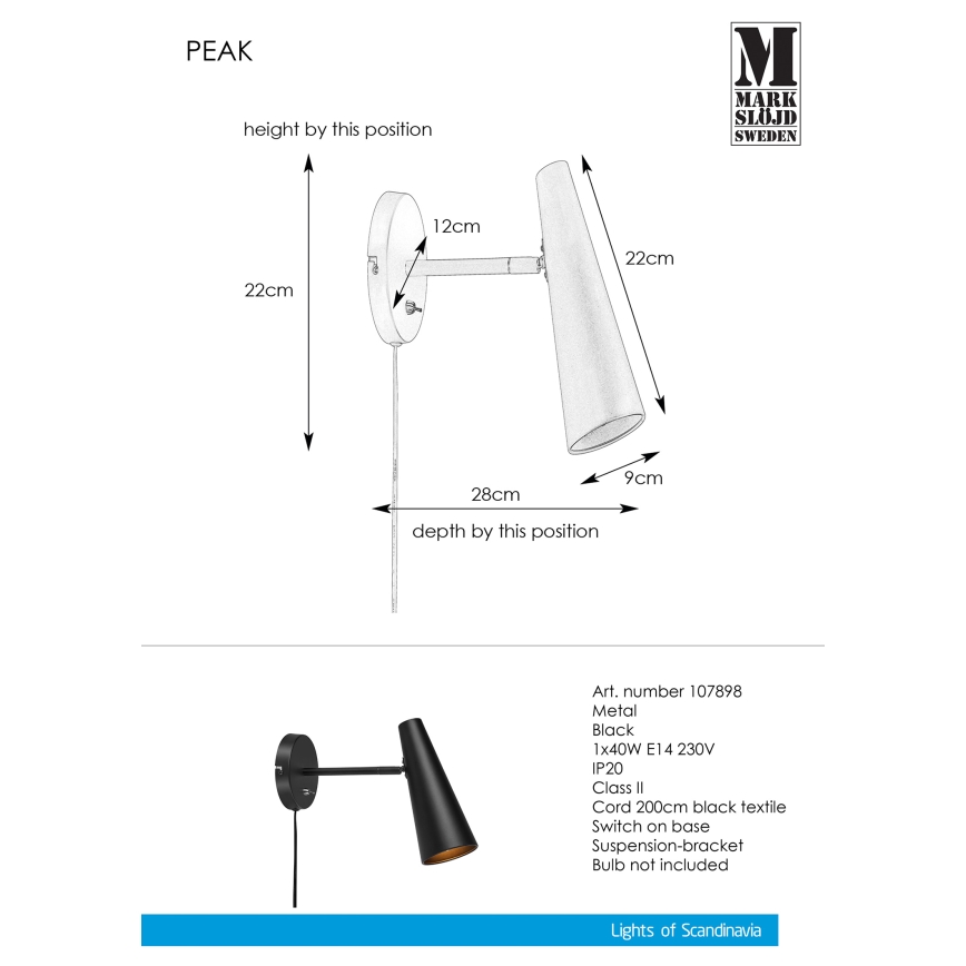 Markslöjd 107898 - Vägglampa PEAK 1xE14/40W/230V