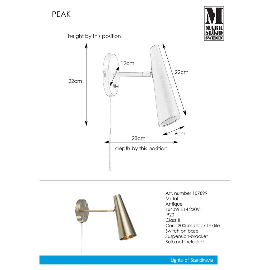 Markslöjd 107899 - Vägglampa PEAK 1xE14/40W/230V
