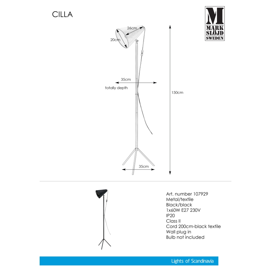 Markslöjd 107929 - Golvlampa CILLA 1xE27/60W/230V