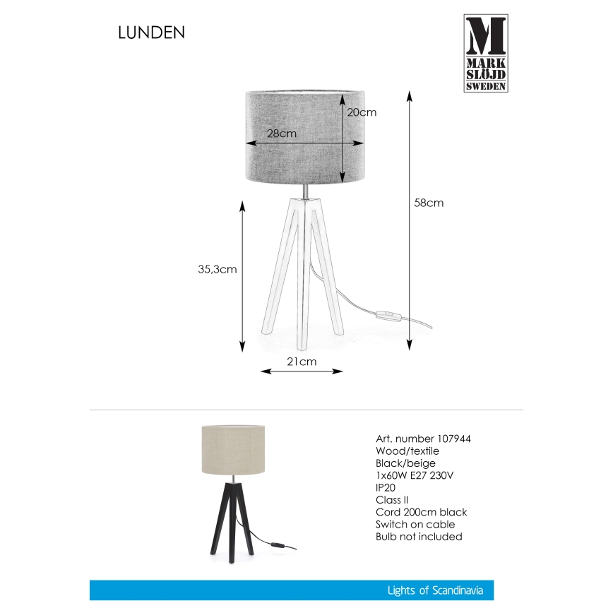 Markslöjd 107944 - Bordslampa LUNDEN 1xE27/60W/230V
