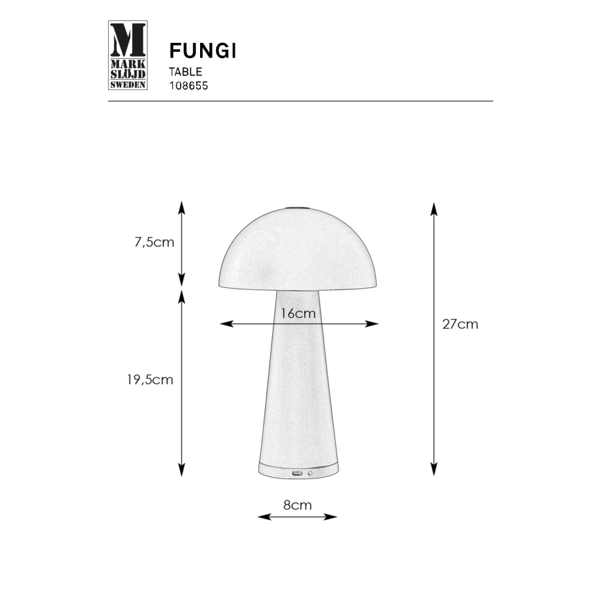 Markslöjd 108655 - LED Ljusreglerad rechargeable lampa FUNGI LED/1,5W/5V IP44 svart