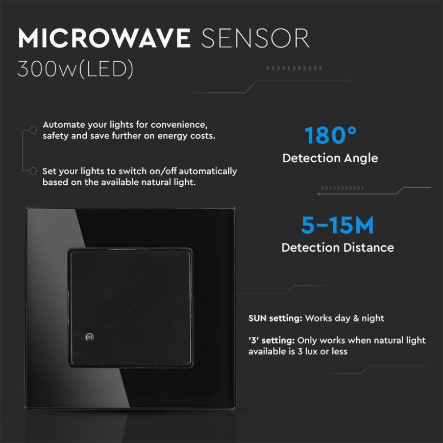 Mikrovågsrörelsesensor 180° 300W/230V svart