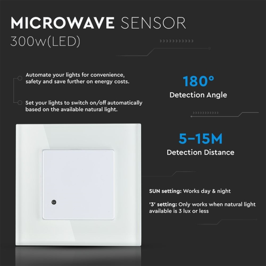 Mikrovågsrörelsesensor 180° 300W/230V vit
