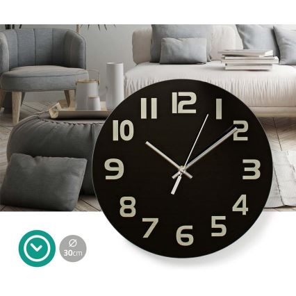 Nedis CLWA006GL30BK - Väggklocka 1xAA/1,5V Reservglas 30 cm svart