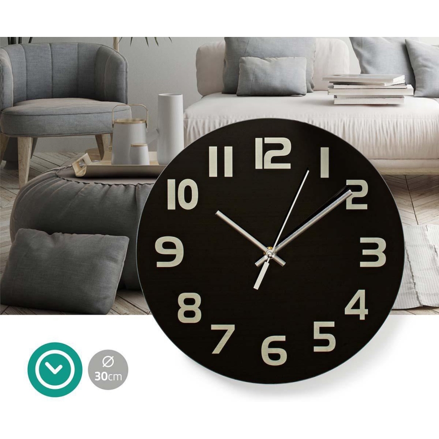 Nedis CLWA006GL30BK - Väggklocka 1xAA/1,5V Reservglas 30 cm svart