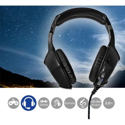 LED Gaming headphones med en microphone svart/blå