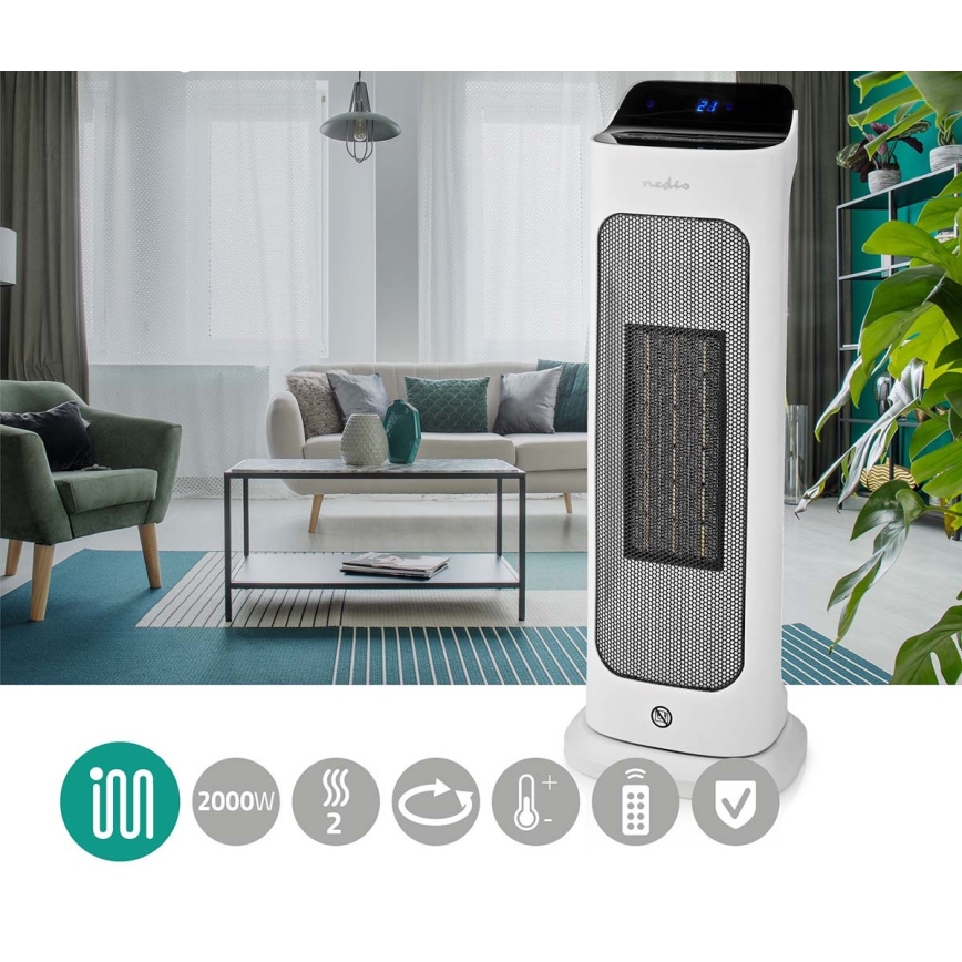 Nedis HTFA20WT - Fläkt med keramiskt värmeelement 1400/2000W/230V + fjärrkontroll