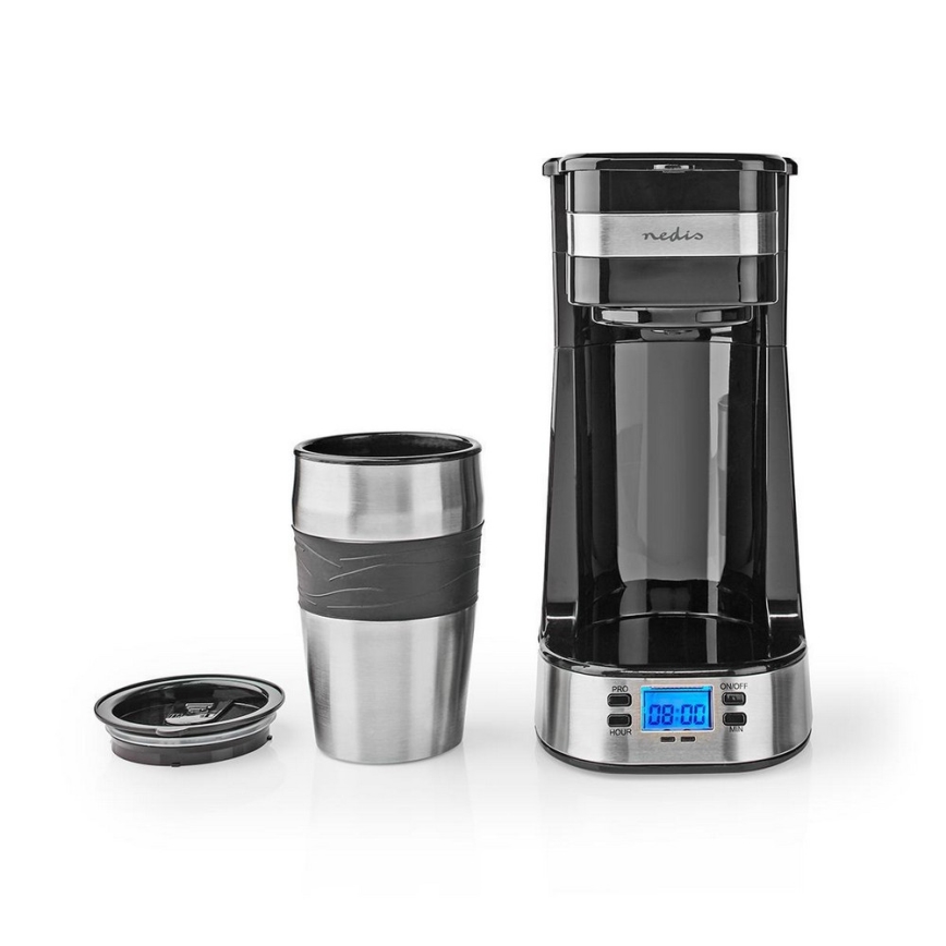 Nedis KACM310FBK - En kopp COFFEEbryggare  0,42 L med en timer och resemugg