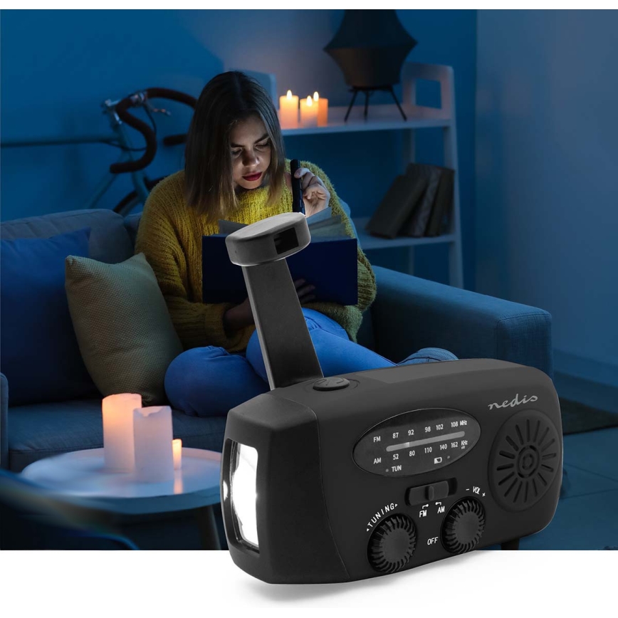 AM/FM-vevradio med solcellspanel och LED-ficklampa, 2000 mAh