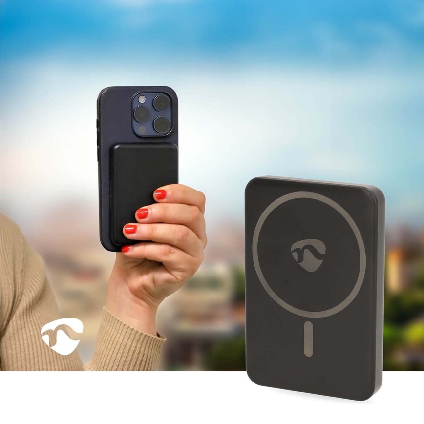 Power bank 2i1 magnetisk med trådlös laddning MagSafe 5000 mAh svart