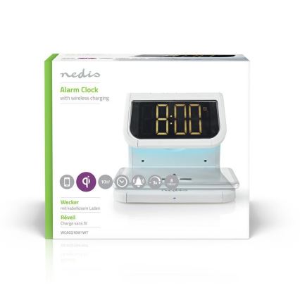 Nedis WCACQ10W1WT - LED RGB väckarklocka med Trådlös laddare LED/10W/230V vit