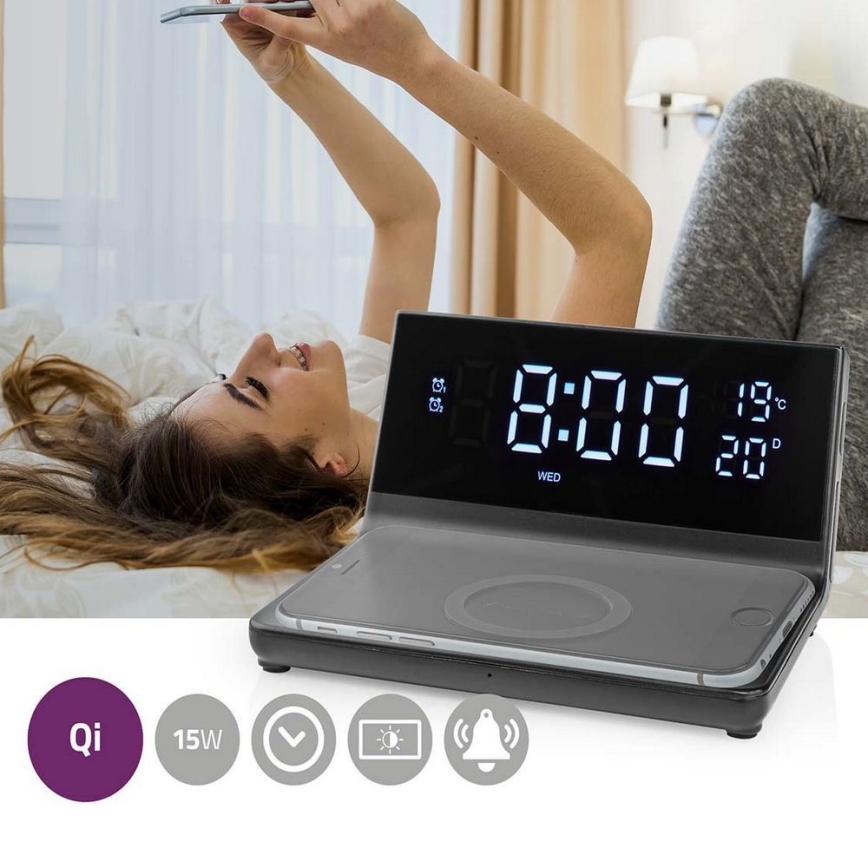 Väckarklocka med LCD-display och trådlös laddare 15W/5V + 1xCR2032 svart