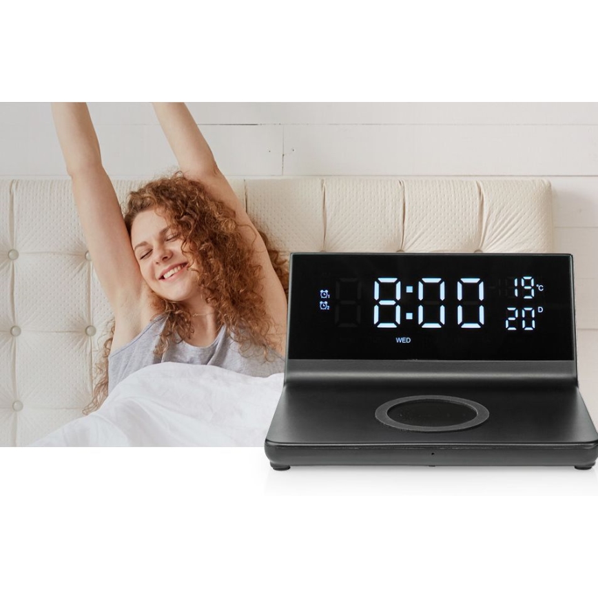 Väckarklocka med LCD-display och trådlös laddare 15W/5V + 1xCR2032 svart