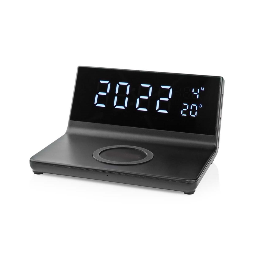 Väckarklocka med LCD-display och trådlös laddare 15W/5V + 1xCR2032 svart