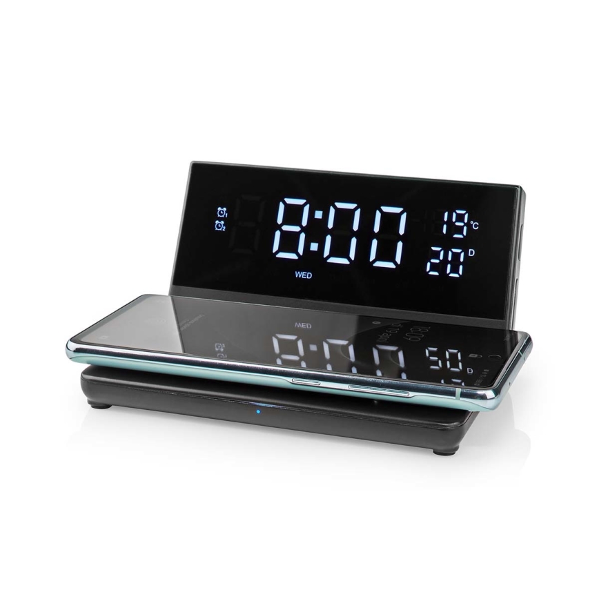 Väckarklocka med LCD-display och trådlös laddare 15W/5V + 1xCR2032 svart