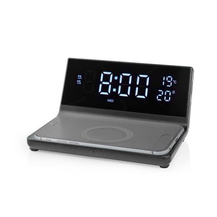 Väckarklocka med LCD-display och trådlös laddare 15W/5V + 1xCR2032 svart