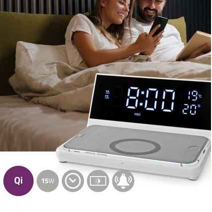 Alarm clock med LCD display and wireless charger 15W/230V vit