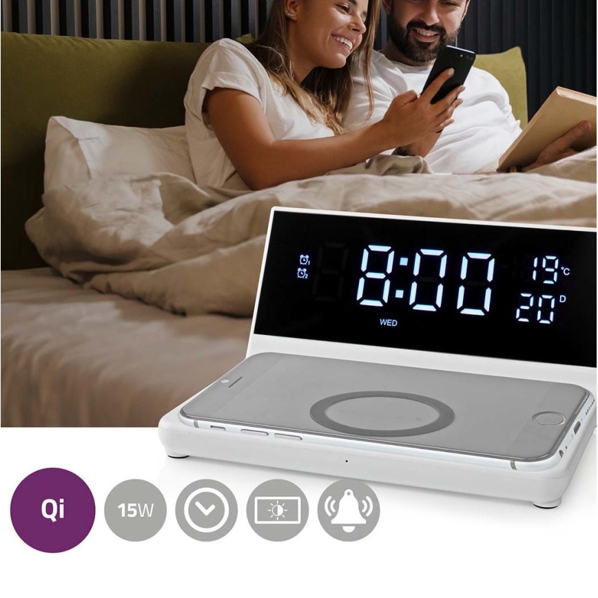 Alarm clock med LCD display and wireless charger 15W/230V vit