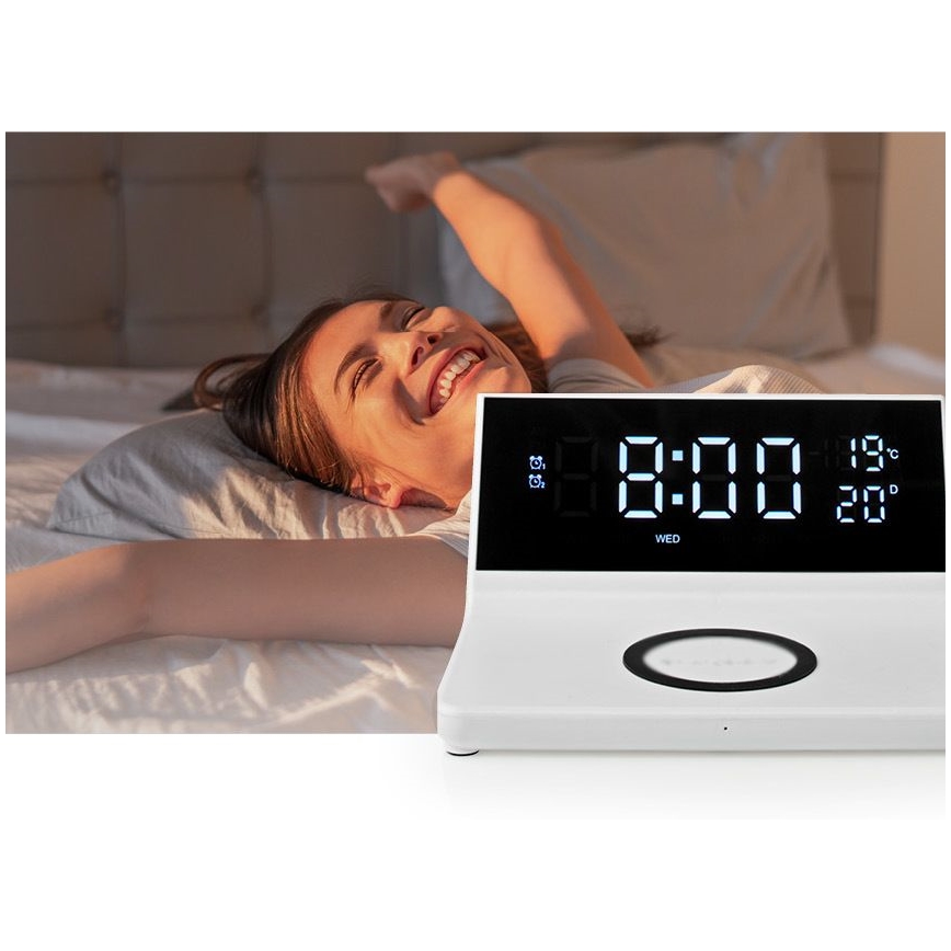 Alarm clock med LCD display and wireless charger 15W/230V vit