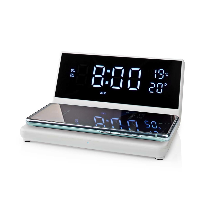 Alarm clock med LCD display and wireless charger 15W/230V vit