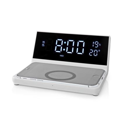 Alarm clock med LCD display and wireless charger 15W/230V vit