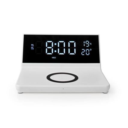 Väckarklocka med LCD-display och trådlös laddare 15W/5V + 1xCR2032 vit