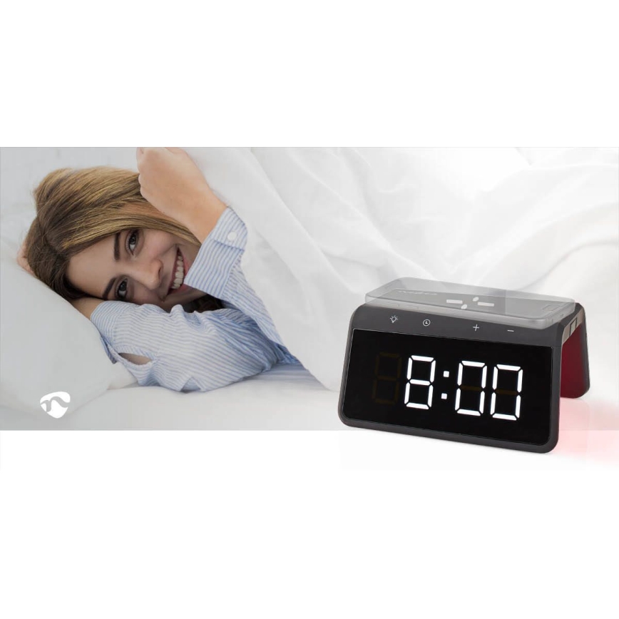 Alarm clock med LCD display and wireless charger 15W/230V svart