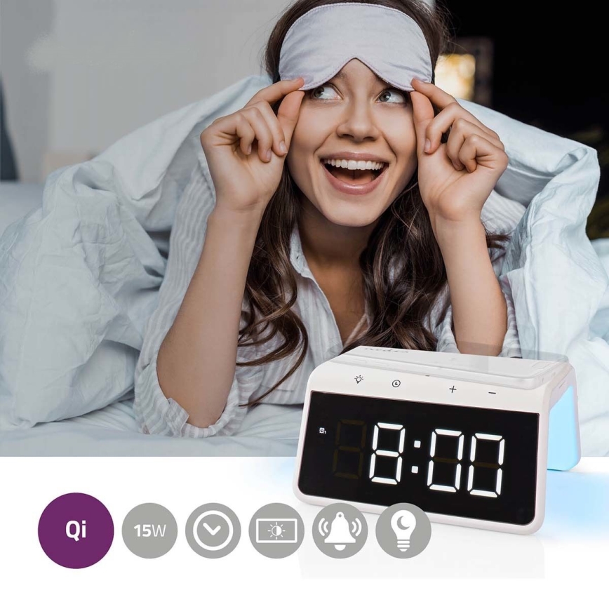 Alarm clock med LCD display and wireless charger 15W/230V vit