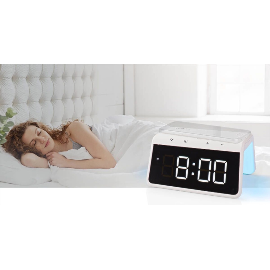 Alarm clock med LCD display and wireless charger 15W/230V vit