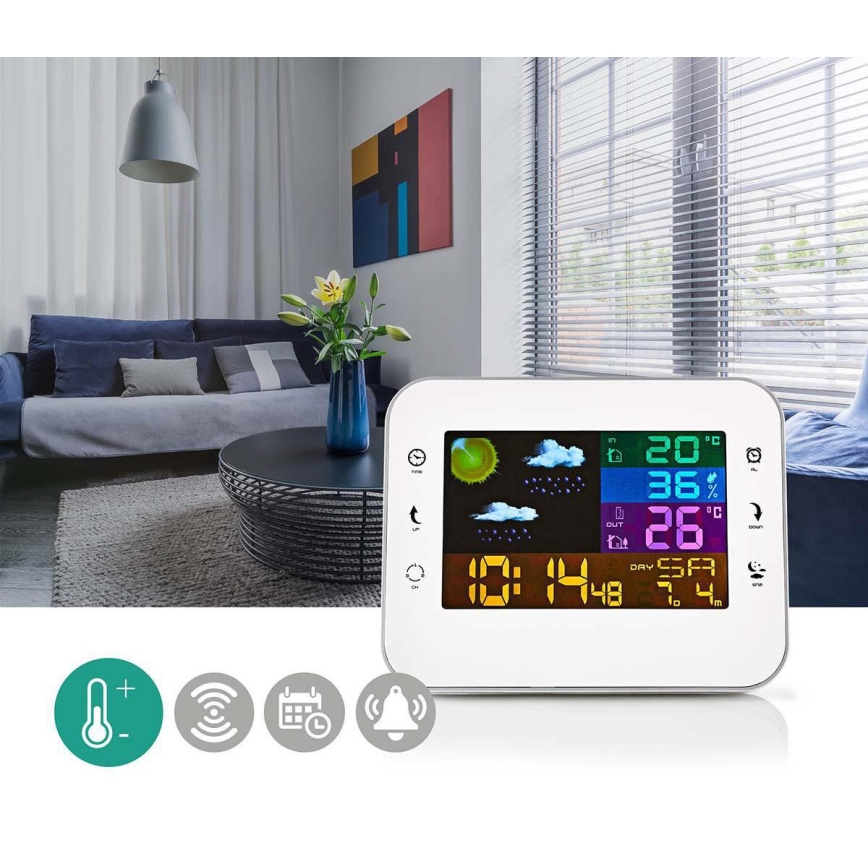 Nedis WEST402WT - Väderstation med färgglad LCD-skärm 230V vit