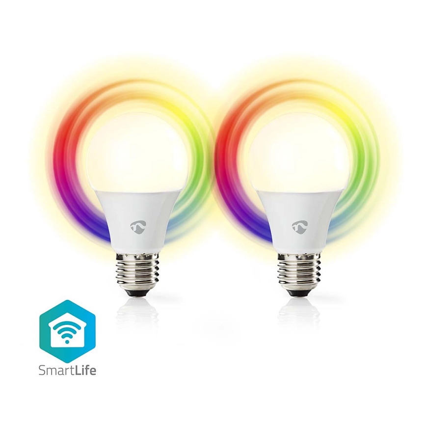 Nedis WIFILRC20E27 - SET 2xLED RGBW Dimbar glödlampa E27/9W Wi-Fi 2700-6500K