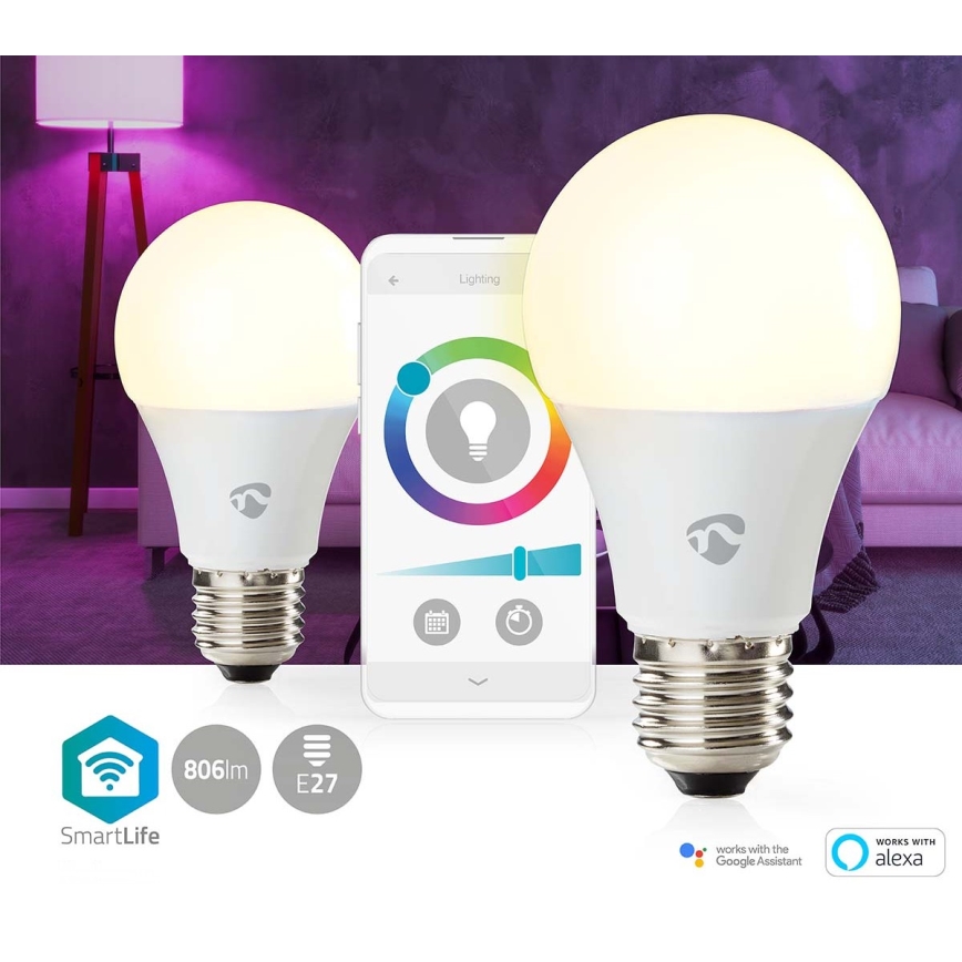 Nedis WIFILRC20E27 - SET 2xLED RGBW Dimbar glödlampa E27/9W Wi-Fi 2700-6500K
