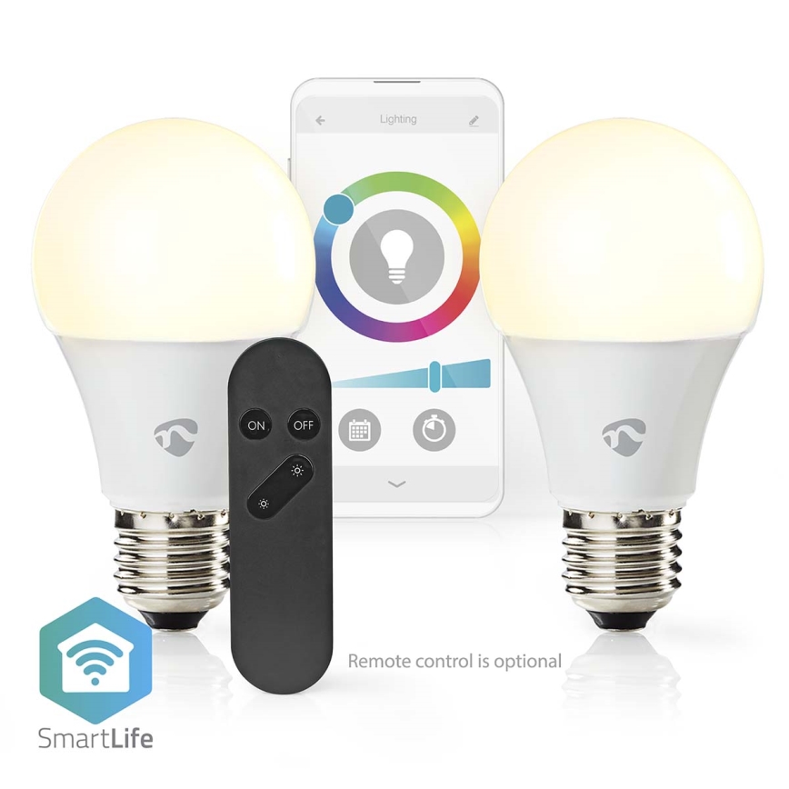 Nedis WIFILRC20E27 - SET 2xLED RGBW Dimbar glödlampa E27/9W Wi-Fi 2700-6500K
