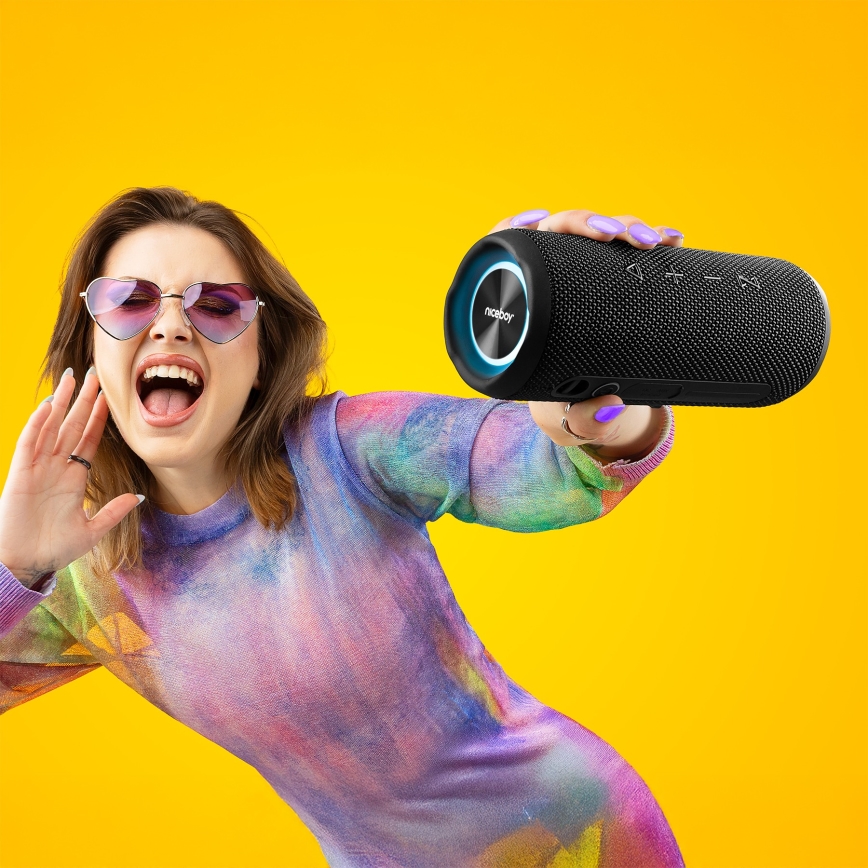 Niceboy Nexus - LED Trådlös högtalare Med en mikrofon 26W/4000 mAh IPX6 svart