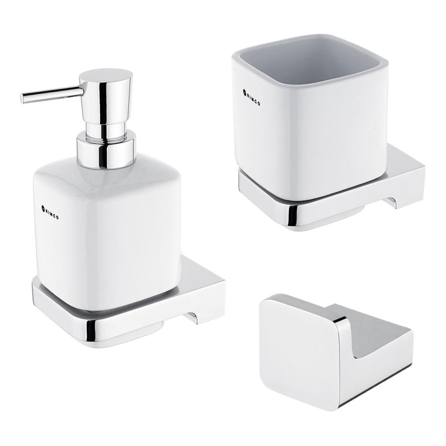 NIMCO MA kit-31K-26 - Väggmonterad tvålautomat, tandborsthållare och väggkrok MAYA 320 mm vit/skinande krom