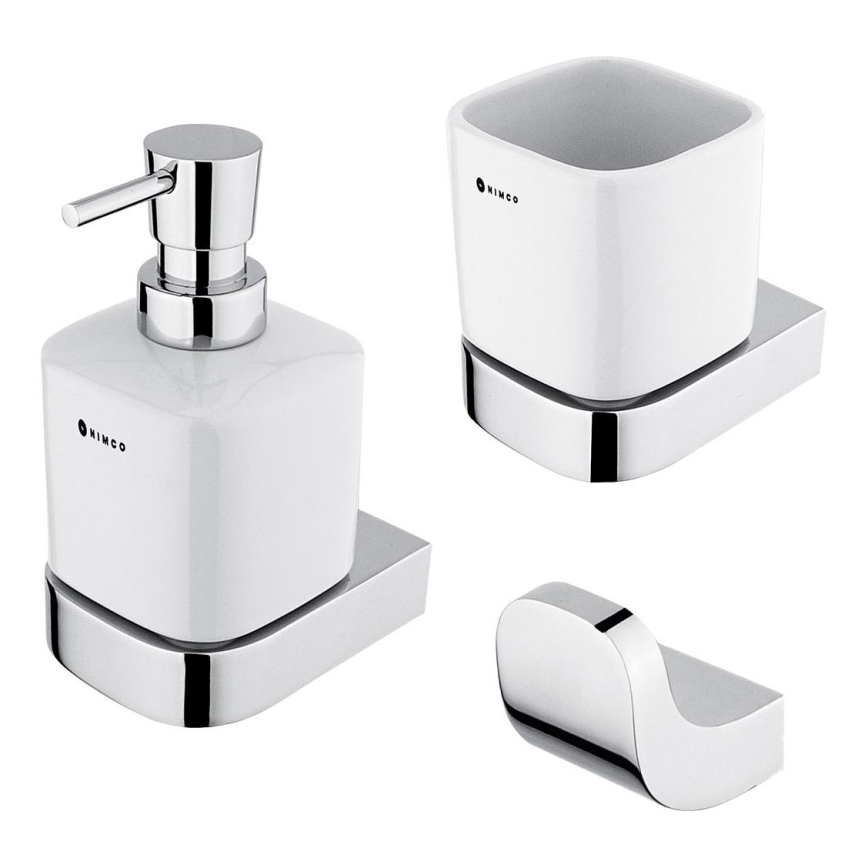 NIMCO NK kit-31K-26 - Väggmonterad tvålautomat, tandborsthållare och väggkrok NIKAU 320 mm vit/skinande krom